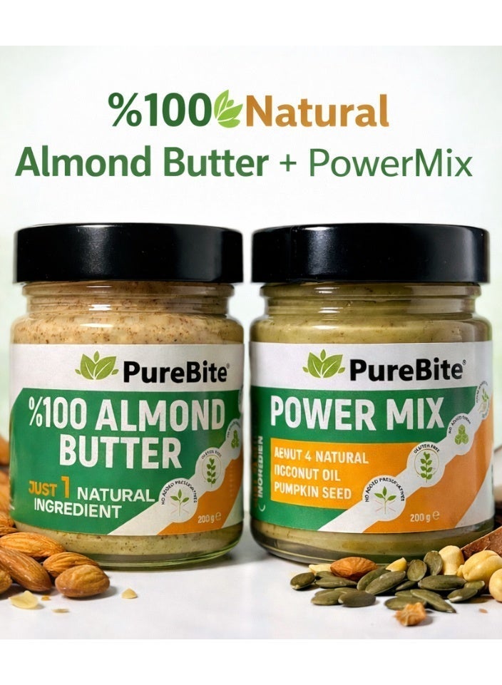PURE BITE %100 Natural Almond Butter, Sugar Free, Gluten Free, High Protein-200 gr & %100 Natural Almond, Coconut, Peanut Butter. Gluten Free, Sugar Free, No Preservatives – 200 gr Bundle - Image 1